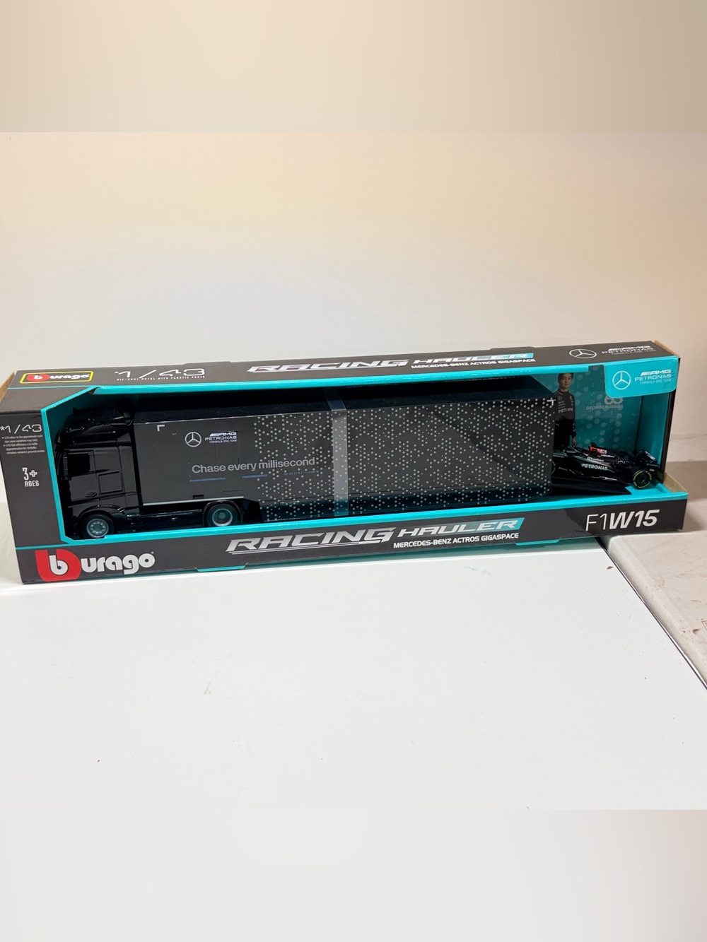 Bburago Mercedes-Benz Racing Hauler Toy Truck - Black with Teal Accents